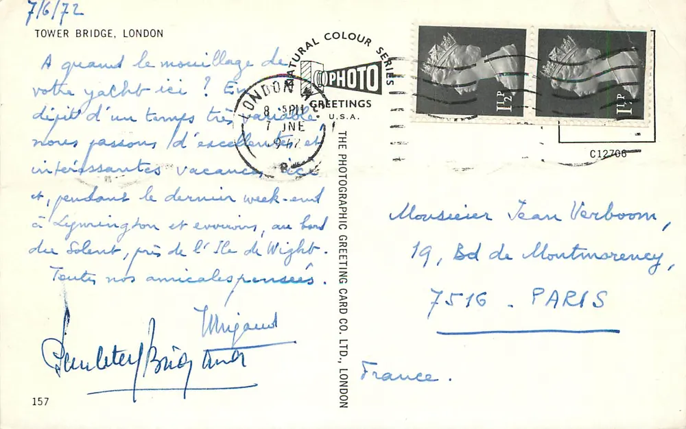 Ponte Tower, Londres — abertura para um barco — The Photographic Greeting Card Co. Ltd. n°157 - Verso