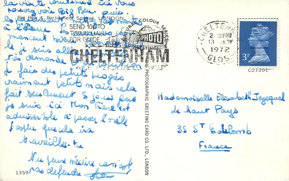 Big Ben & Square do Parlamento — Londres — The Photographic Greeting Card Co., Ltd., Londres, n°1359 - Verso
