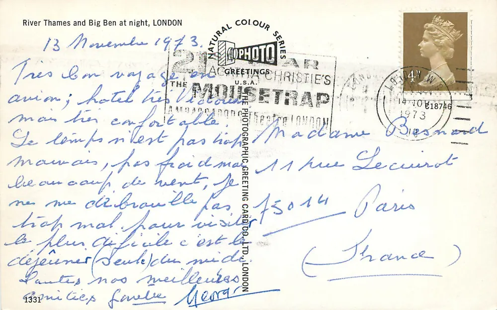 Rio Thames e Big Ben à noite — Londres — Christie's Photographic Greeting Card Co. Ltd. n°1331 - Verso