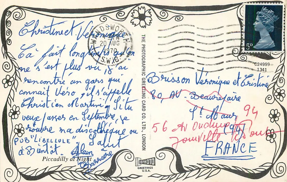 Piccadilly à noite — Londres — The Photographic Greeting Card Co. Ltd. - Verso