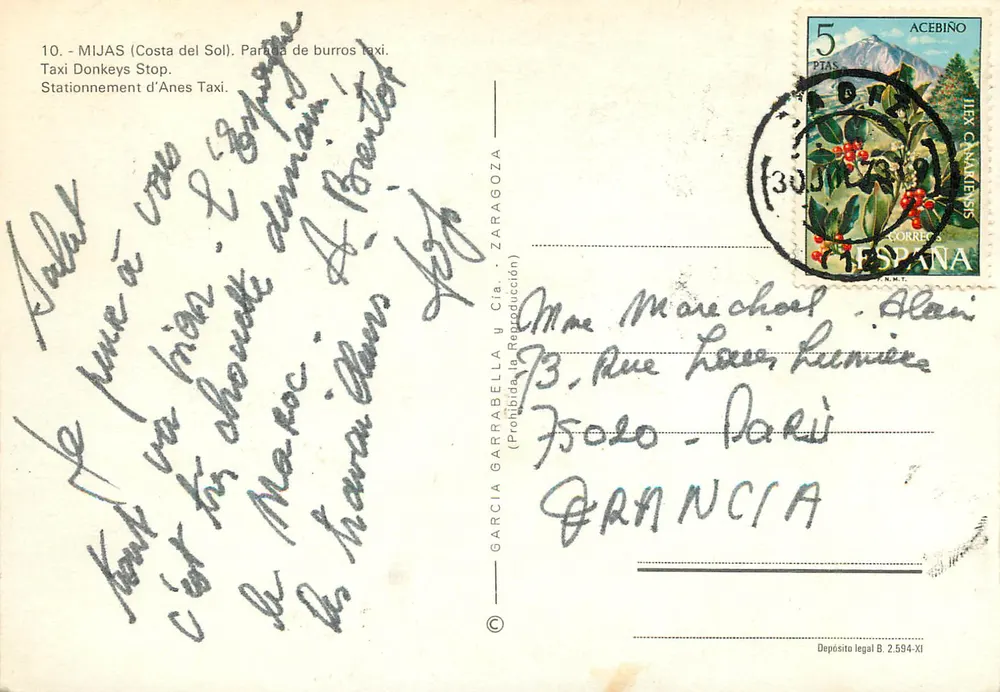 Mijas (Costa del Sol) — Aparcamiento de burros-taxi — Garcia Garrabella & Cia. - Reverso