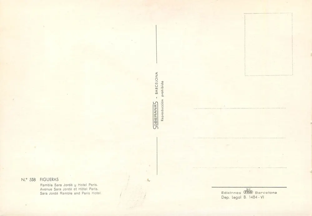Figueras — Avenue Sara Jordà et Hôtel Paris — Éditeur Soberanas - Verso