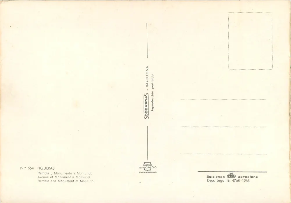 Figueras — Rambla und Denkmal für Monturiol — Verlag Escudo de Oro, Nr. 554 - Rückseite