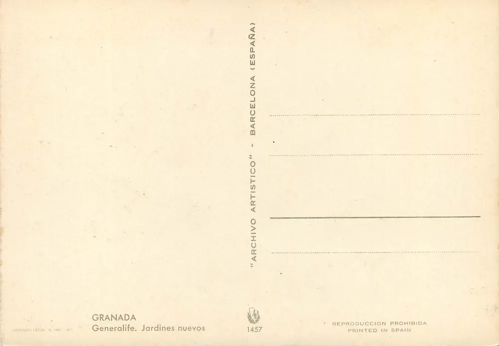 Granada. Jardins novos — Generalife — editor Generalife, n° 1457 - Verso
