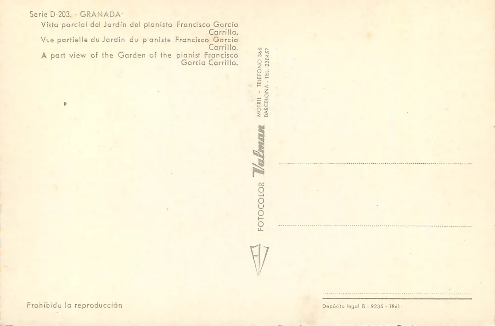 Garten des Pianisten Francisco Carrillo — Granada — Verlag Fotocolor Valman - Rückseite