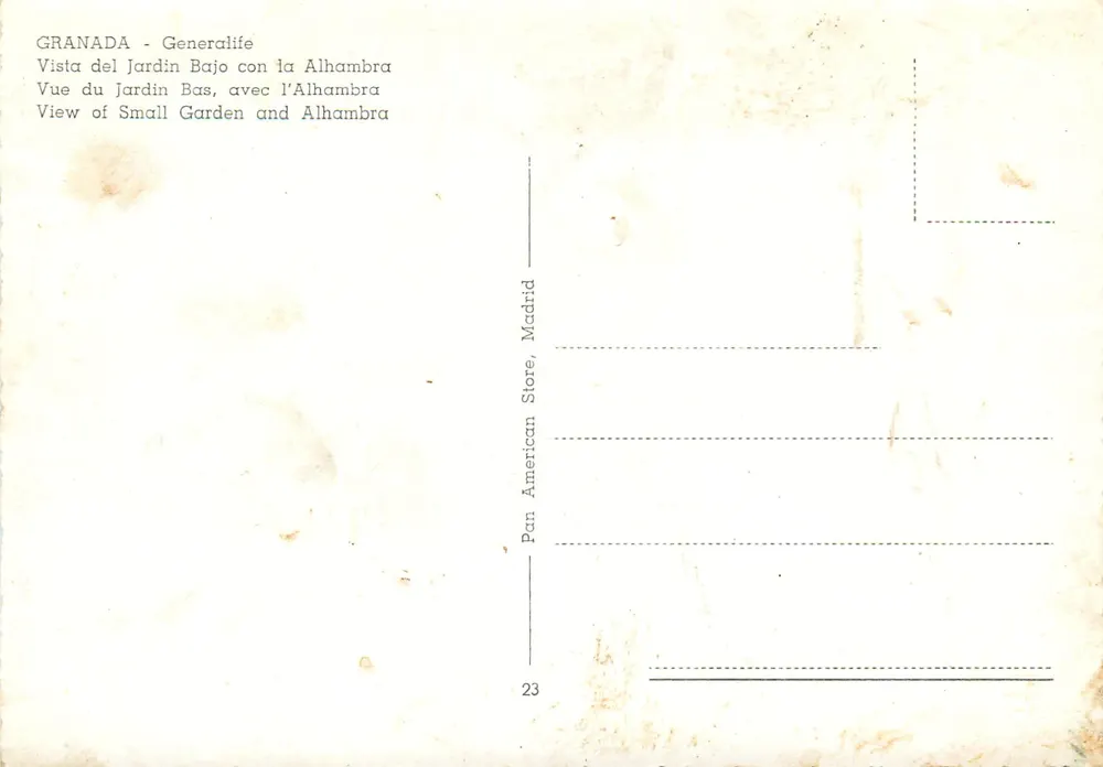 Granada - Jardim Bajo com a Alhambra — Pan American Store, Madrid, n°23 - Verso