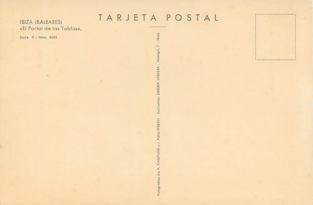 Portal de las Mesas — Ibiza (Baleares) — Editor Monigri/Verdera, serie II, n° 3603 - Reverso