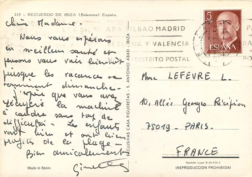 San Antonio, Santa Eulalia, San Miguel e Ibiza (Ciudad) — Carta postal turística — Casa Figueretas, Ibiza - Verso