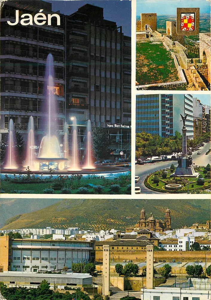 Jaén — Ansicht der Stadt mit Brunnen, Denkmal und Kathedrale — Éditions FISA - Vorderseite