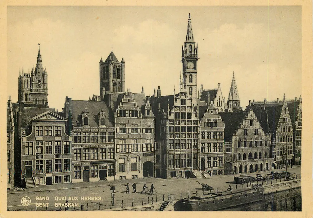 Gand Quai aux Herbes — vista dos edifícios históricos e do canal — editor Nels, série 19 - Frente