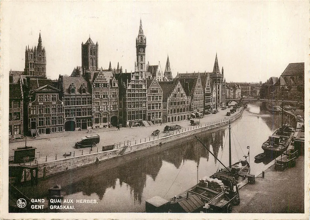 Gand - Quai aux Herbes (Gent - Graskaaï) — vista do canal com edifícios históricos — editor N. Thill, no 11 - Frente