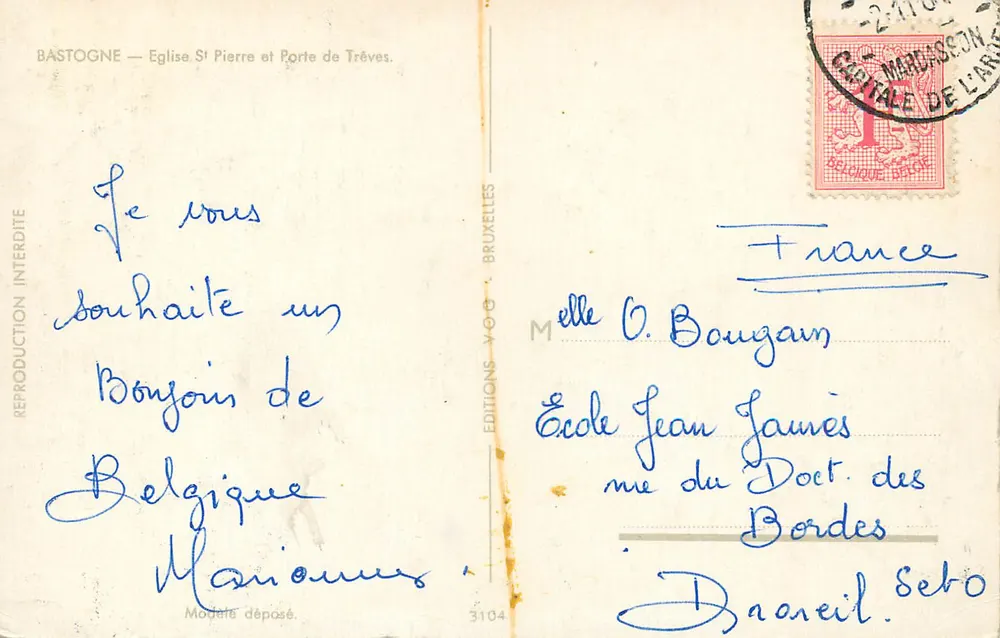 Bastogne — Kirche Saint-Pierre und Tor von Trèves — Editions V.G.O. n°3104 - Rückseite