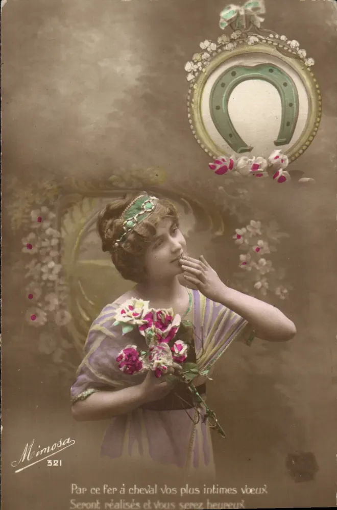 Junge Frau mit Blumenbouquet — mit dekorativem Steigbügel — Verlag Mimoso, Nr. 321 - Vorderseite