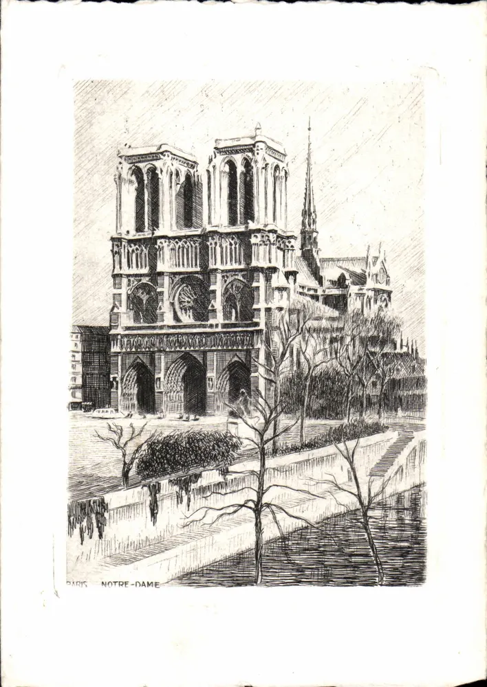 Paris Notre-Dame — Ansicht der Fassade — Gravur - Vorderseite
