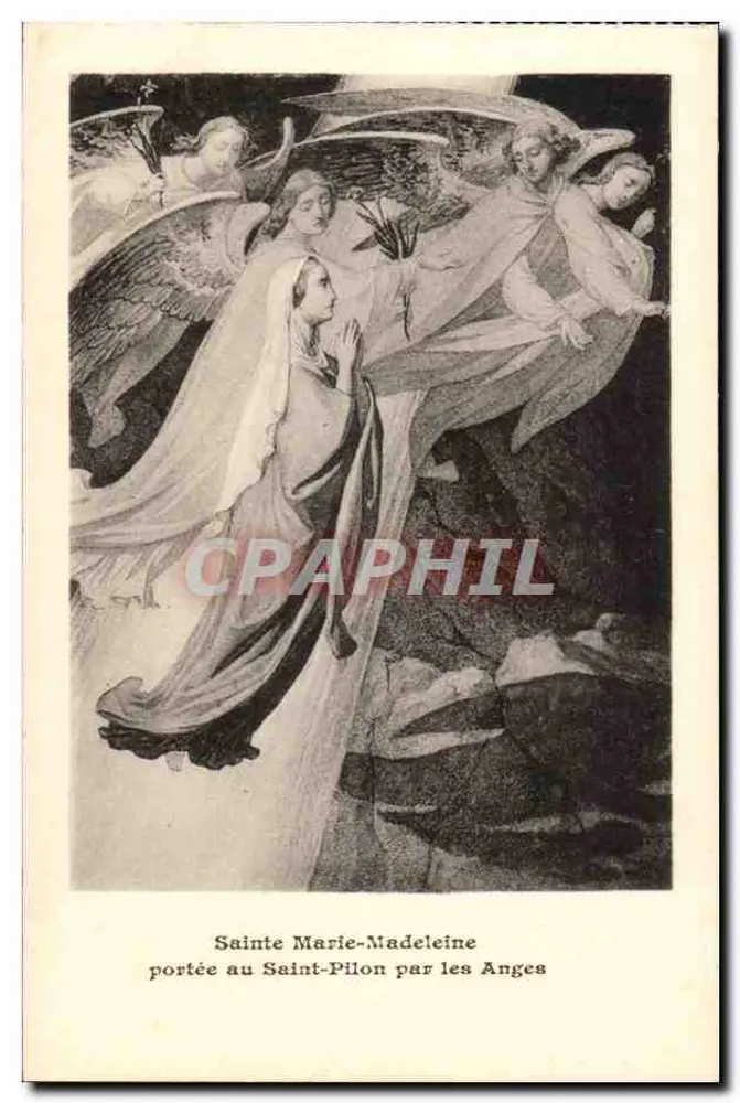 Heilige Marie-Madeleine wird von Engeln zum Saint-Pilon getragen — religiöse Illustration - Vorderseite