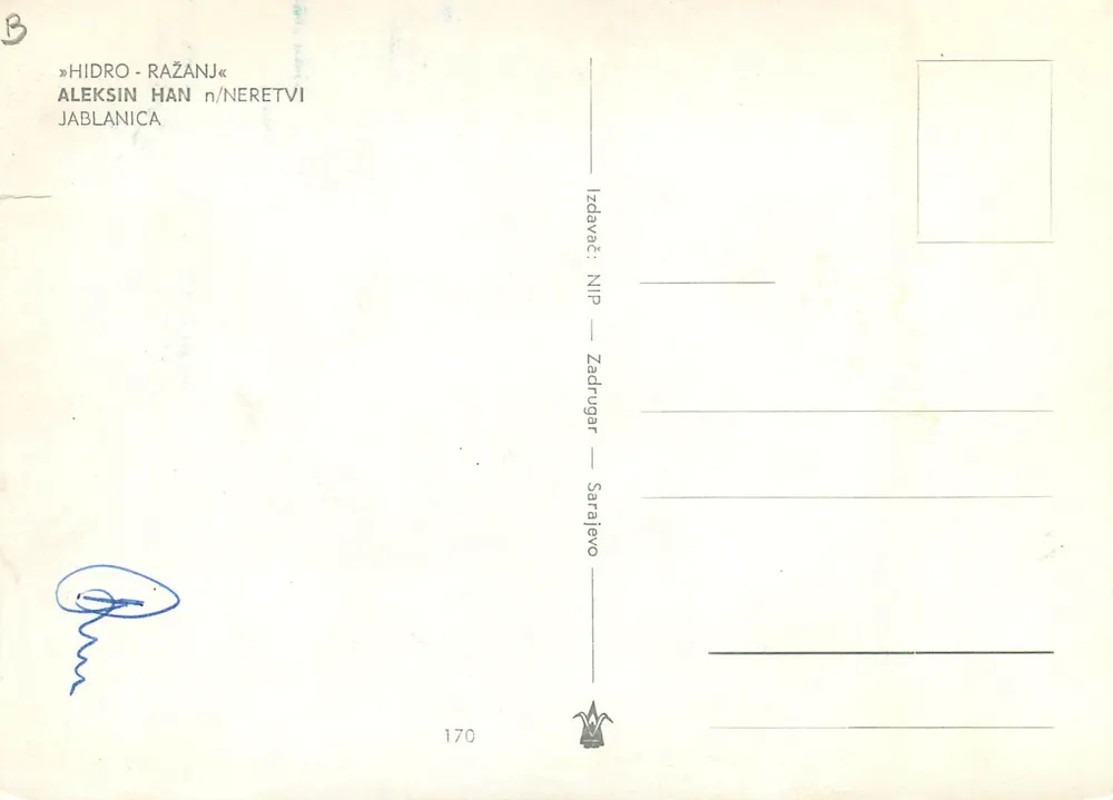 Cascada de Ražanj — Jablanica — editor NIP Zadrugar Sarajevo, n° 170 - Reverso