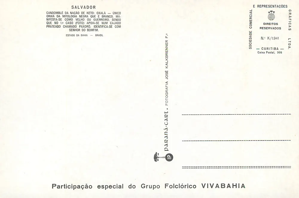 Candomblé da Nação de Ketu — Oxalá — Salvador — 출판사: Gráficas Comerciais Sociedade Kalkbrenner Ltda, 번호 K/1941 - 뒷면