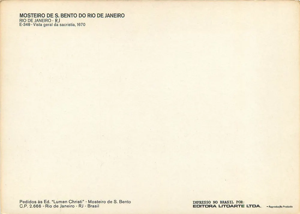 Mosteiro de S. Bento do Rio de Janeiro — Vista geral da sacristia — Editor Lumen Christi, n° E-349 - Verso