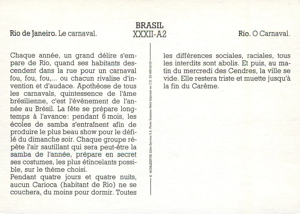 Rio de Janeiro. O carnaval — BRASIL XXXII-A2 — Edição Suzanne Held - Verso