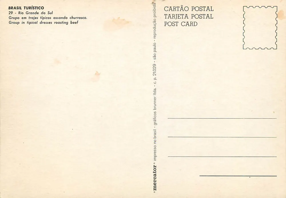 Rio Grande do Sul — Gruppe in typischen Kleidern, Rindfleisch grillen — Verlag Brasil Turístico, Nr. 29 - Rückseite
