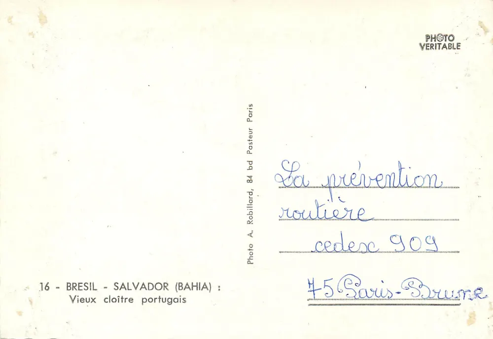 Altes portugiesisches Klostergelände — Salvador (Bahia) — Foto A. Robillard, 84 bd Pasteur Paris - Rückseite