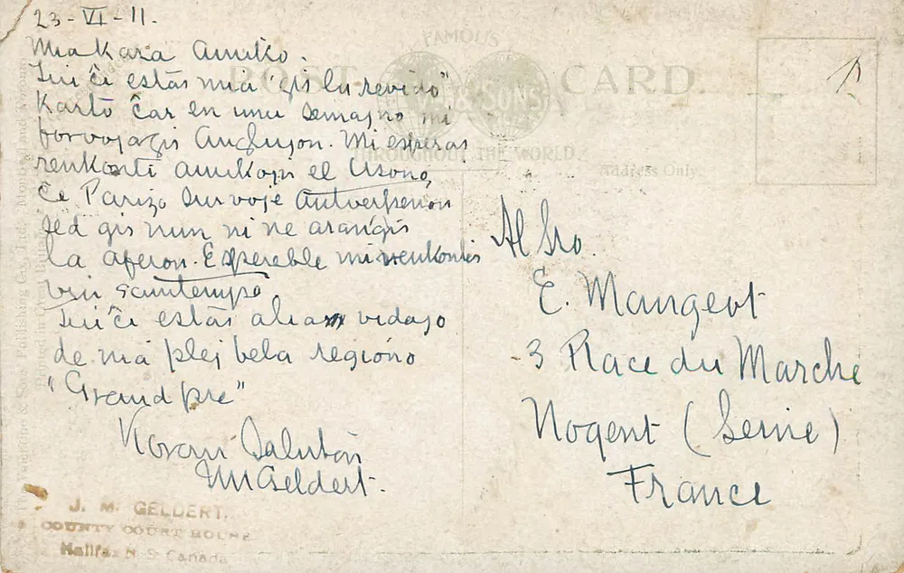 Ort des alten französischen Wegs, Grand Pré — Verlag J.M. Geldert, Halifax, N.S., Kanada, Seriennummer 105043 - Rückseite