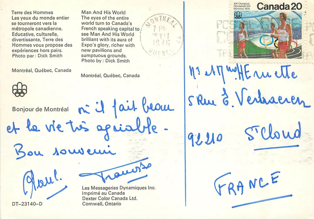 Montréal 1976 — Vista aerea delle installazioni olimpiche — Les Messageries Dynamiques Inc. - Verso
