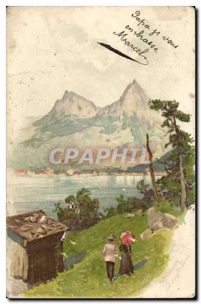 Vista di montagne e lago — coppia sotto l'ombrello — editore non visibile - Recto