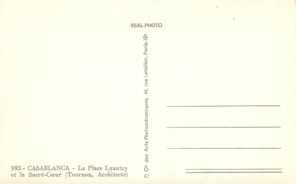 Casablanca - Place Lyautey und das Sacré-Cœur — Verlag REAL-PHOTO, Nr. 993 - Rückseite