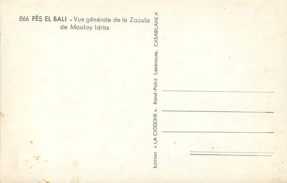 Fès El Bali — Allgemeiner Blick auf die Zaouïa von Moulay Idriss — Ausgabe « La Cicogne », Casablanca - Rückseite