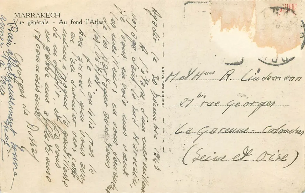 Marrakech — Algemene uitzicht — In de verte het Atlas — Uitgever Combier Imp. Macon - Achterkant
