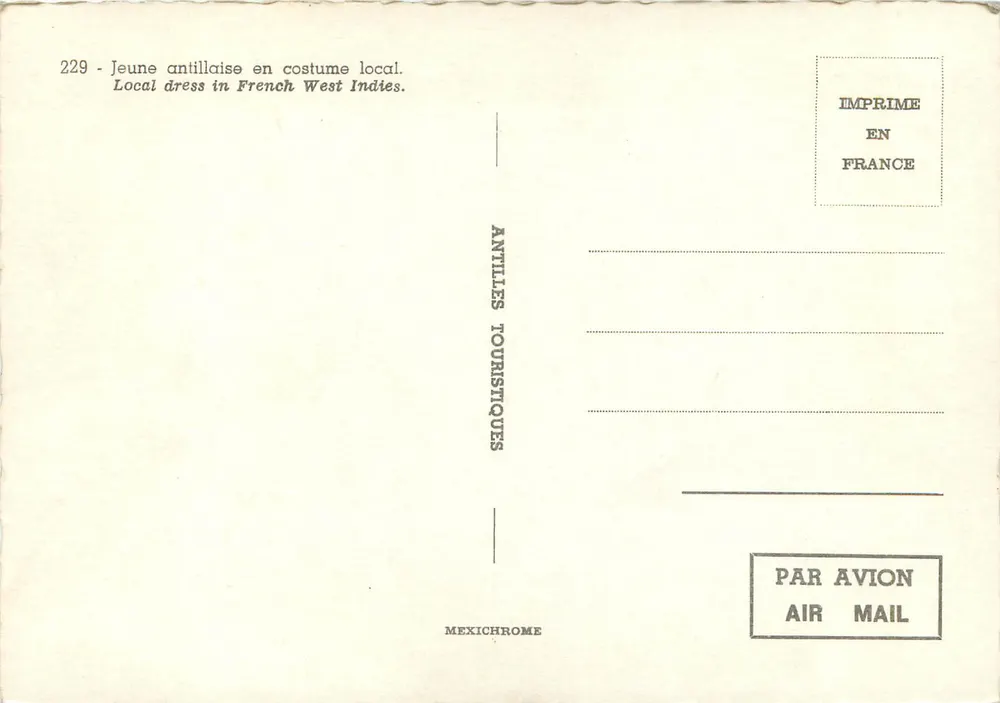 Junge Antillenfrau im traditionellen Kleid — Serie 229 — Verlag Antilles Touristiques - Rückseite