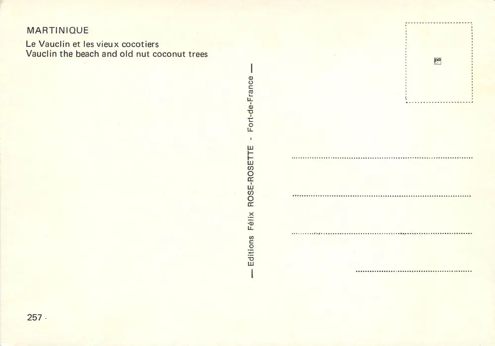 Vauclin — Strand und alte Kokospalmen — Éditions Félix ROSE-ROSETTE, n°257 - Rückseite