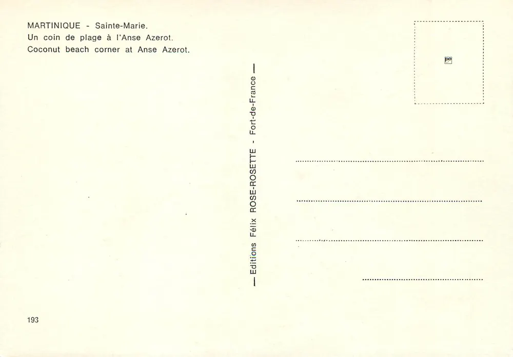 Martinique - Sainte-Marie — Ein Stück Strand an der Anse Azerot — Éditions Félix Rose-Rosette, n°193 - Rückseite