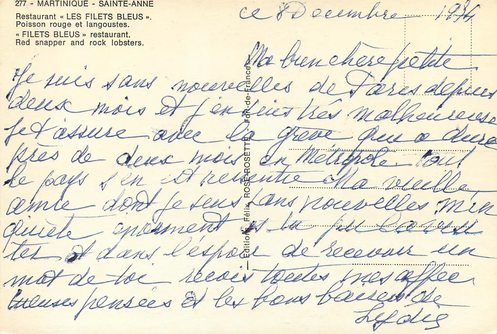 Restaurante « LES FILETS BLEUS » — Sainte-Anne, Martinica — Edições Félix ROSE-ROSETTE, n°277 - Verso