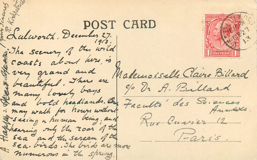 Lulworth Cove — vista da baía e das falésias — carta postal datada de dezembro de 1913 - Verso