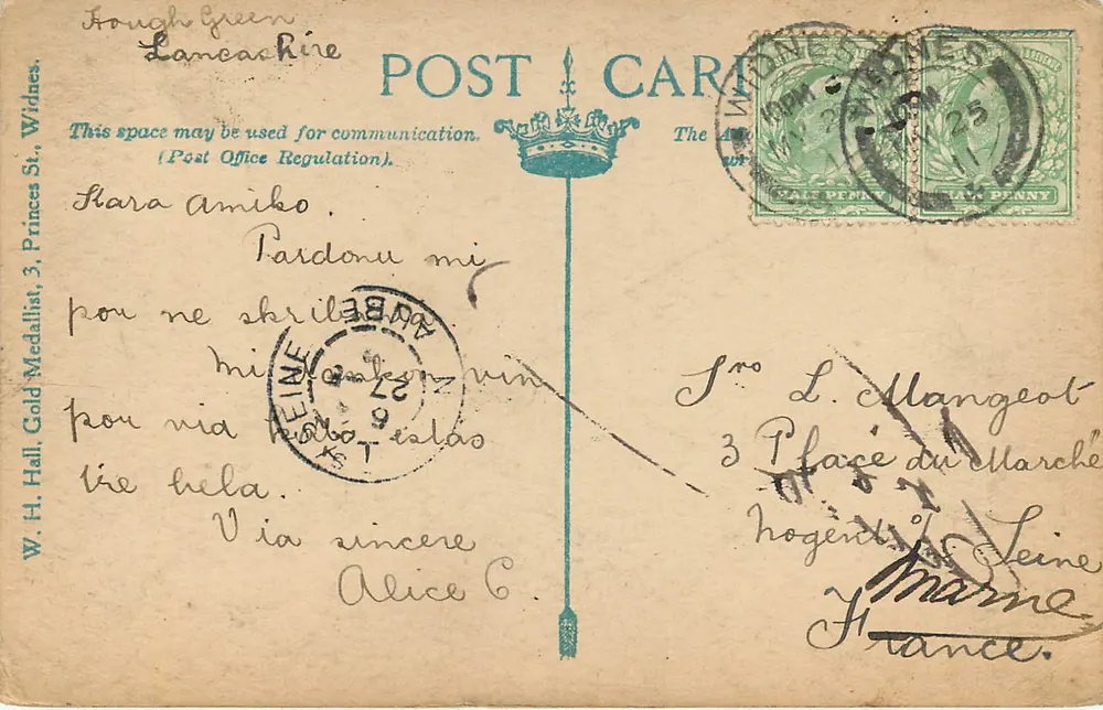 Automne dans Coroners Lane, Barnsley — éditeur W.H. Hall, 3, Prince St., W. (Lancashire) - Verso