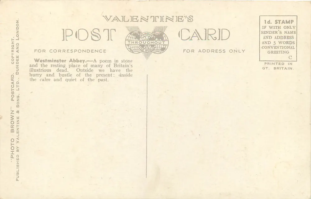Westminster Abbey — vista externa — Valentine's Postcard, n° 16801 - Verso