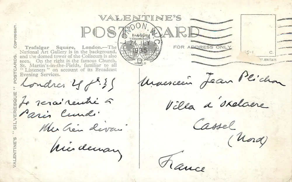 St Martin in the Fields, Trafalgar Square, London — Valentine's Postcard n°209372 - Rückseite