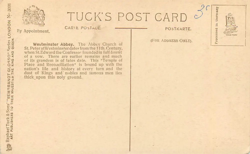 Londres. Abadia de Westminster — Tuck's Post Card N° 3001 - Verso
