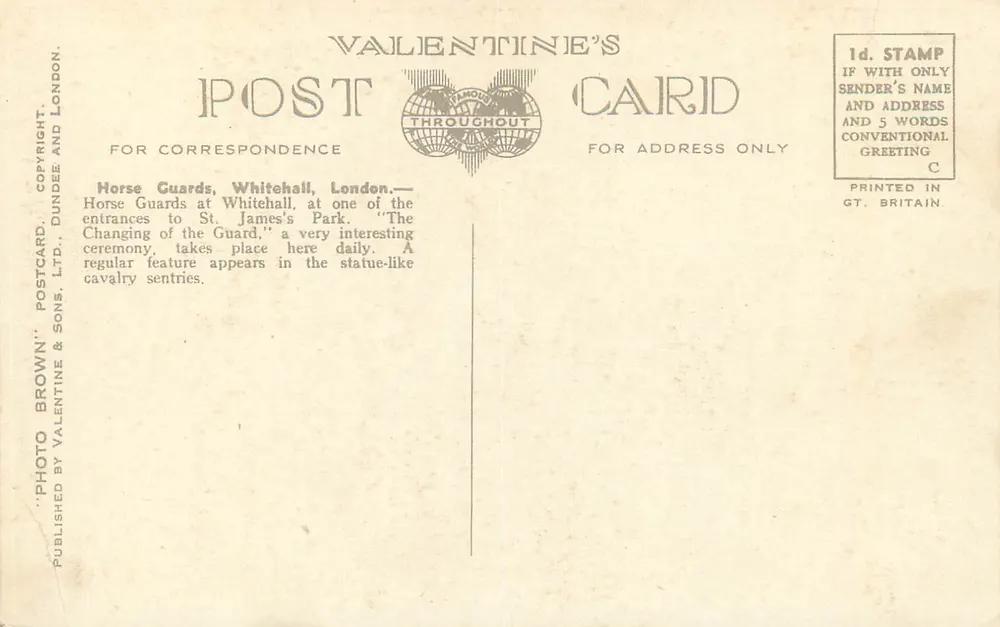 Pferdewache Wachposten, Whitehall, London — Valentine's Postcard, n° 64228 - Rückseite