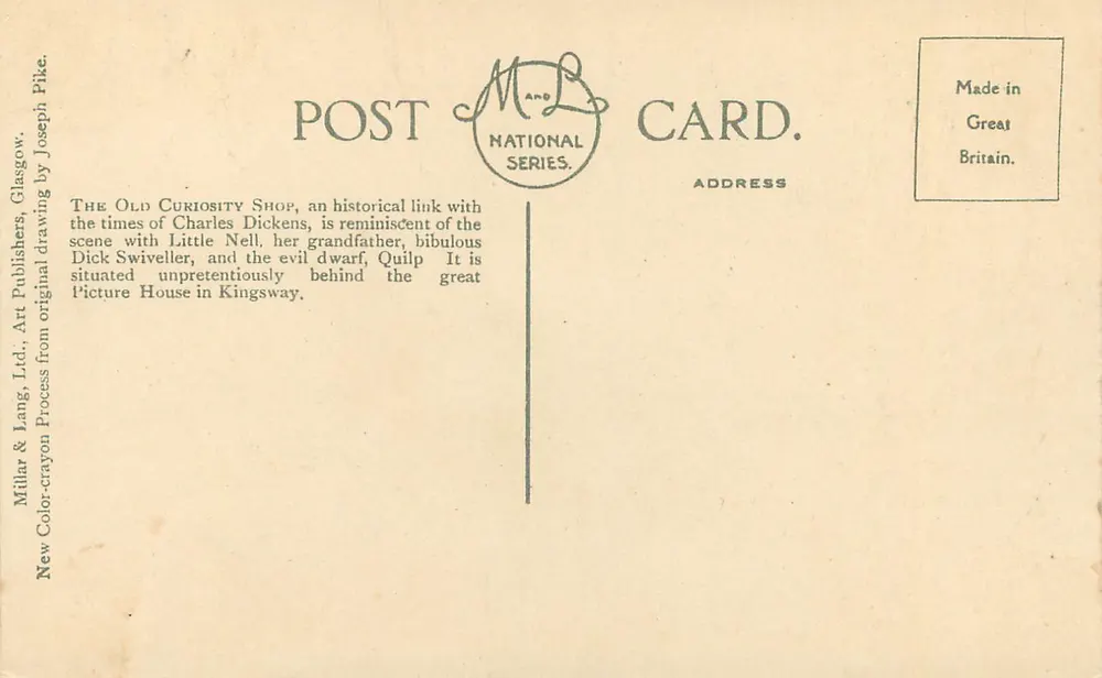 Das alte Wunderkammergeschäft, London — illustriert von Joseph Pike — National-Serie, Verlag Millar & Lang, Ltd., Glasgow - Rückseite
