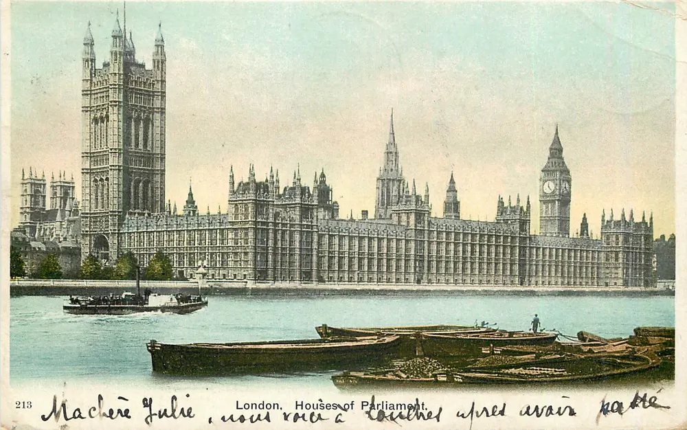 London, Houses of Parliament — Blick auf den Fluss mit Booten — Verlag Machère, Nr. 213 - Vorderseite