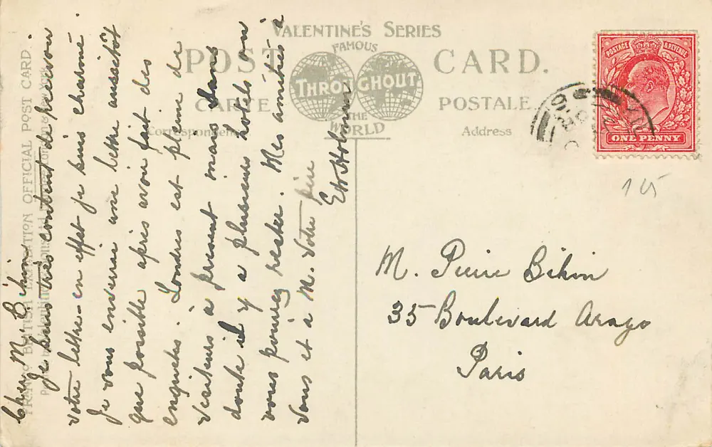 Frontal Sur, British Applied Art Palace — Exposición Franco-Británica, Londres, 1908 — Serie Valentine's - Reverso