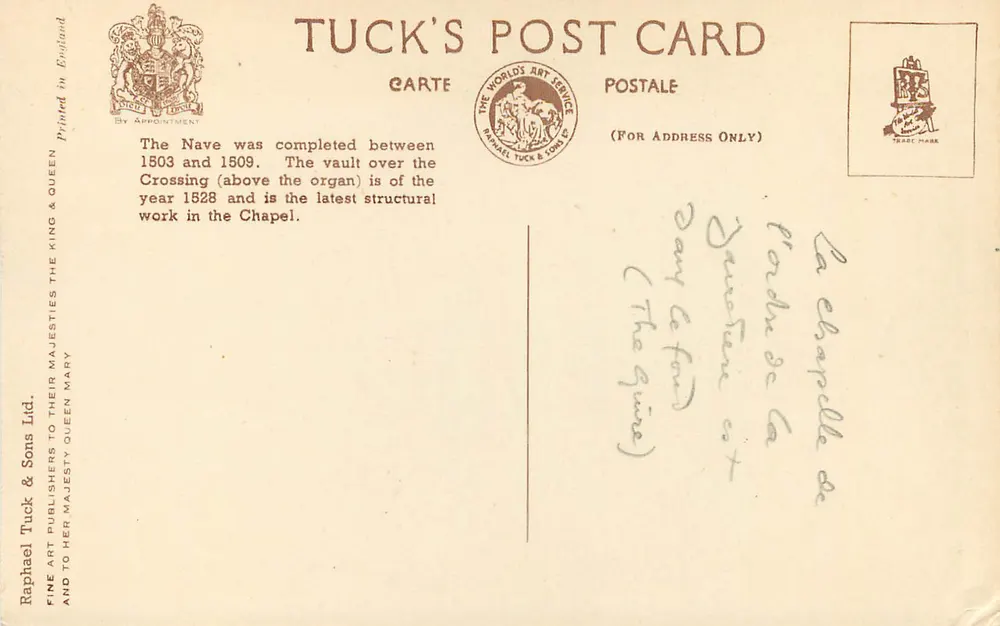 La Nef vue du West — St George's Chapel, Windsor — Tuck & Sons Ltd. - Verso