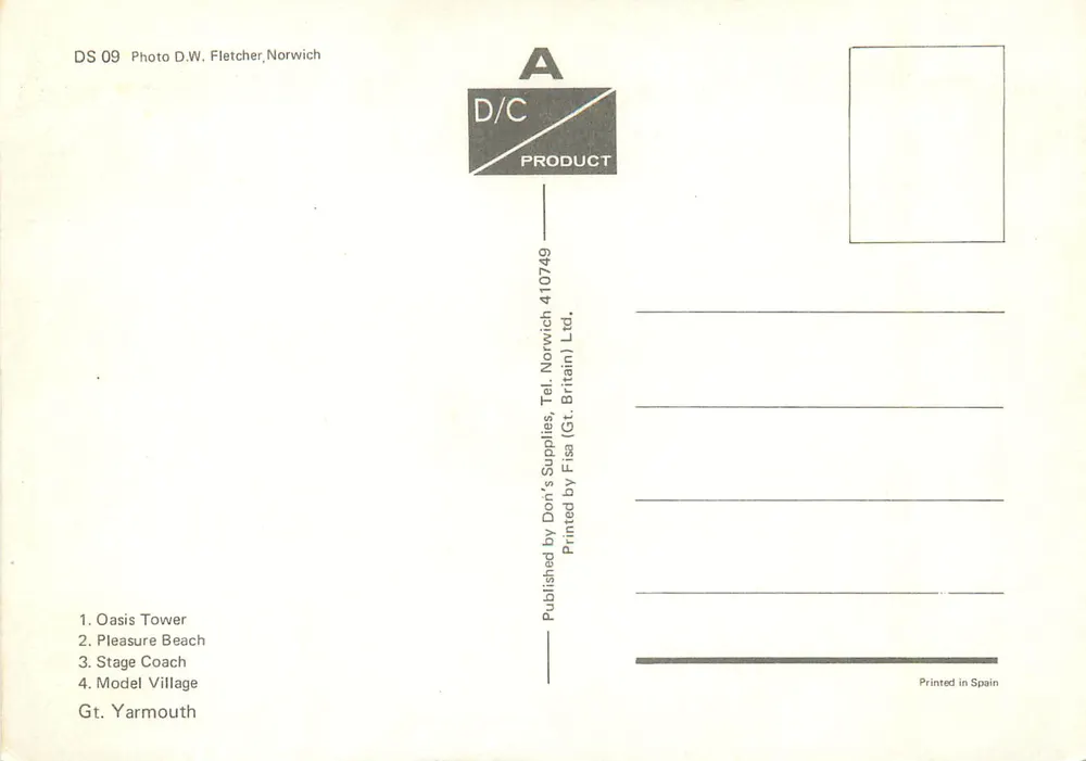 Great Yarmouth — Oasis Tower, Pleasure Beach, Stage Coach, Model Village — D/C Product - Achterkant