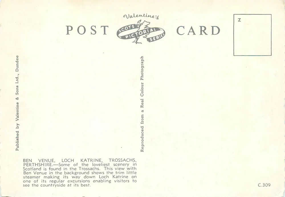 Ben Venue, Loch Katrine, Trossachs — Perthshire — Valentine's Scots Pictorial Series, C.309 - Reverso