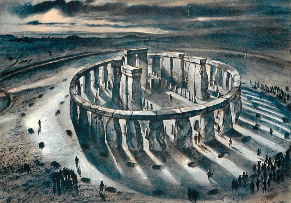 Stonehenge, Wiltshire — so wie es am Ende seiner Errichtung um 1400 v. Chr. ausgesehen haben könnte — Zeichnung von Alan Sorrell, Verlag Crownwell & Sherwell Ltd. - Vorderseite