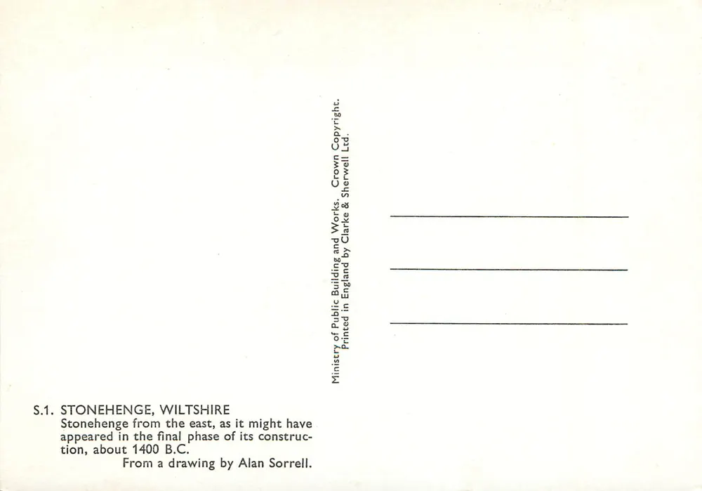 Stonehenge, Wiltshire — so wie es am Ende seiner Errichtung um 1400 v. Chr. ausgesehen haben könnte — Zeichnung von Alan Sorrell, Verlag Crownwell & Sherwell Ltd. - Rückseite