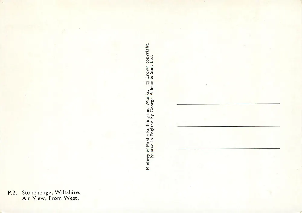 Stonehenge — luchtfoto vanaf het westen — uitgever George Pullman & Sons Ltd. - Achterkant